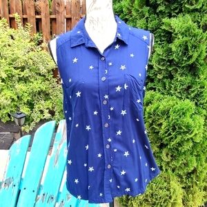 💥 3/$20 SO Large Blue Sleeveless Button Collar Shirt with STARS!